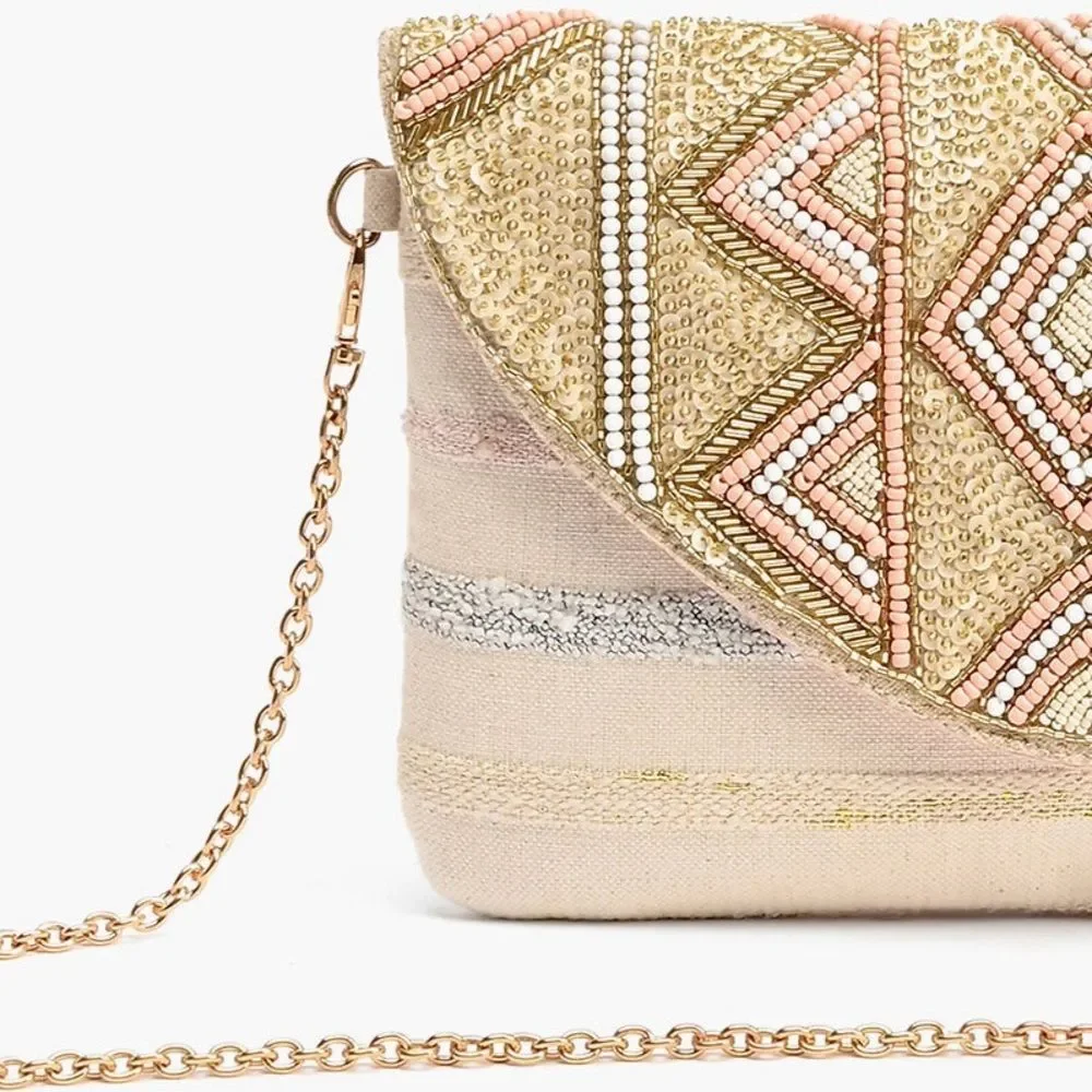 NWT AMERICA & BEYOND Rose Gold Envelope Clutch Crossbody Bag Beaded Boho